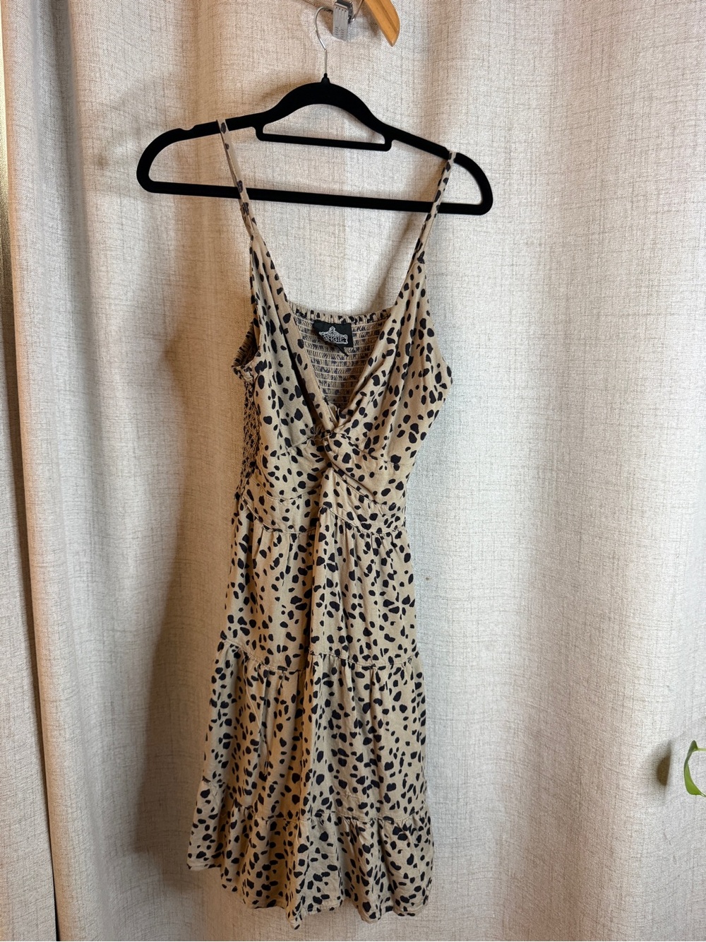 Angie Beige and Black Spotted Twist-Front Midi Dress